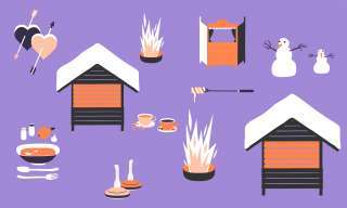 Grafik für das Winterprogramm 2022 für das Berner Generationenhaus, die auf violettem Hintergrund Feuer, Holzhäuschen, Schneemänner und Herzen zeigt.