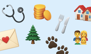 Unterschiedliche Emojis: Eine Familie, Besteck, Geld, Häuser, ein Baum, ein Brief, ein Stethoskop.