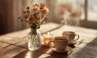 Auf einem Holztisch stehen Blumen, zwei Tassen Kaffee und eine Kerze.